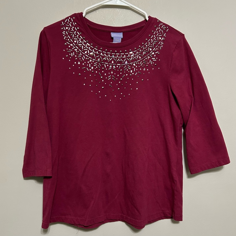 Laura Scott Women’s Blouse M Red Studded Embossed Round Neck Pullover 3/4 Sleeve